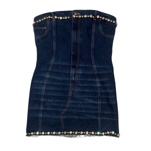 AREA Women's Strapless Crystal Embellished
Denim Mini Dress Medium - Picture 2 of 16